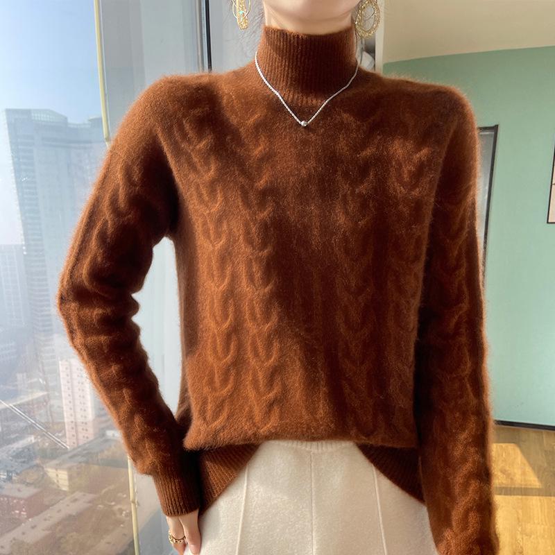 Women's 100% Pure Wool Cable Knit Half-High Neck Sweater - Loose, Thick Pullover for Autumn/Winter