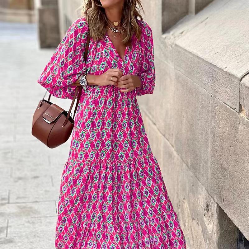 2022 Summer Trendy Geometric Puff Sleeve Dress, Plus Size Women's Fashion.