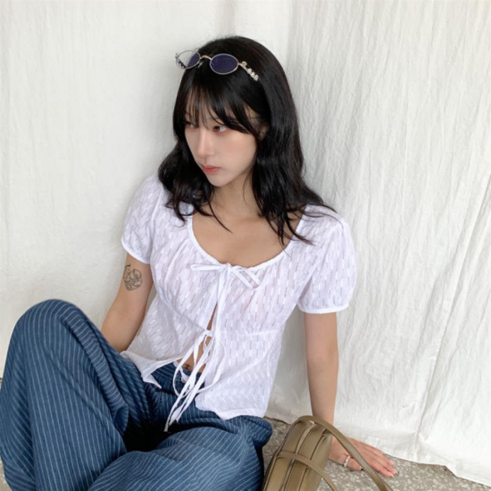 New Arrivals Open Run Women Cotton Ribbon Strap Punching Short Sleeve Blouse