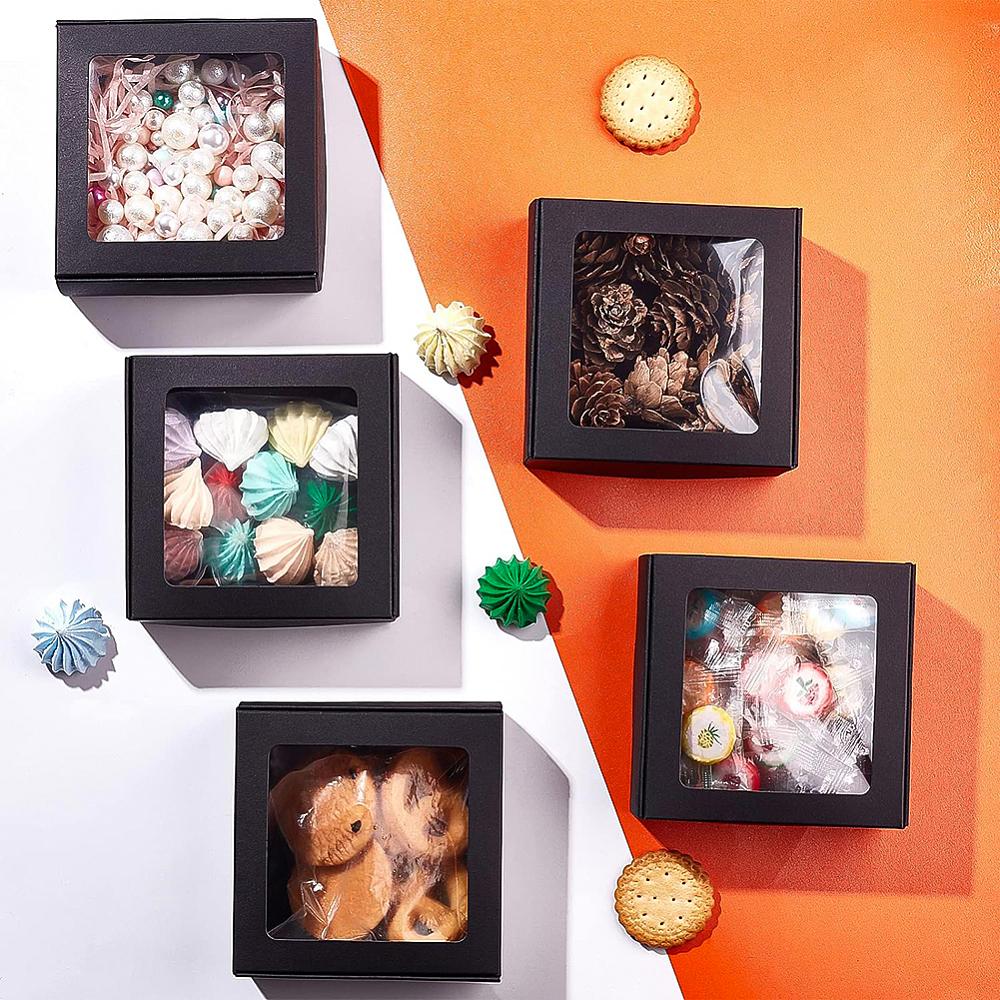 20pcs Paper Candy Boxes Bakery Box with PVC Clear Window for Party Wedding Baby Shower Square Black 9.5x9.5x3.5cm