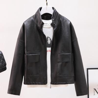 Black Leather Jacket Women's Short Autumn and Winter New Korean Style Loose Slim Motorcycle Leather Jacket Foreign Style Jacket