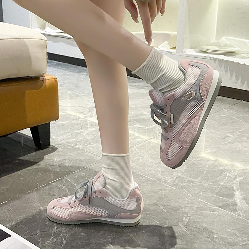 Fashion Mesh Breathable Casual Flats Women Summer New Round Toe Spliced Front Lace-Up Soft Sole Versatile Retro Fishnet Single Shoes