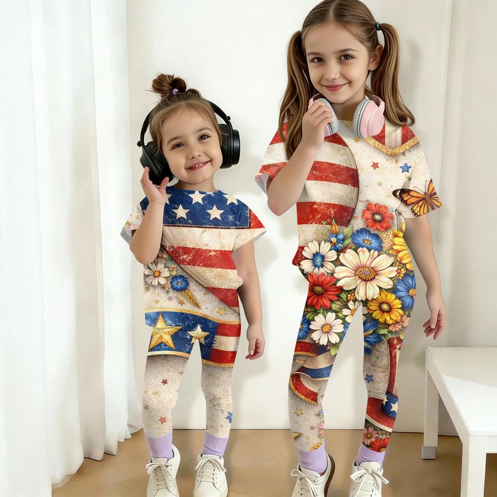 Jungen und Mädchen Unabhängigkeitstag Druck Set Kinder Freizeit Kurzarm Oberteil und Lange Hosen Set