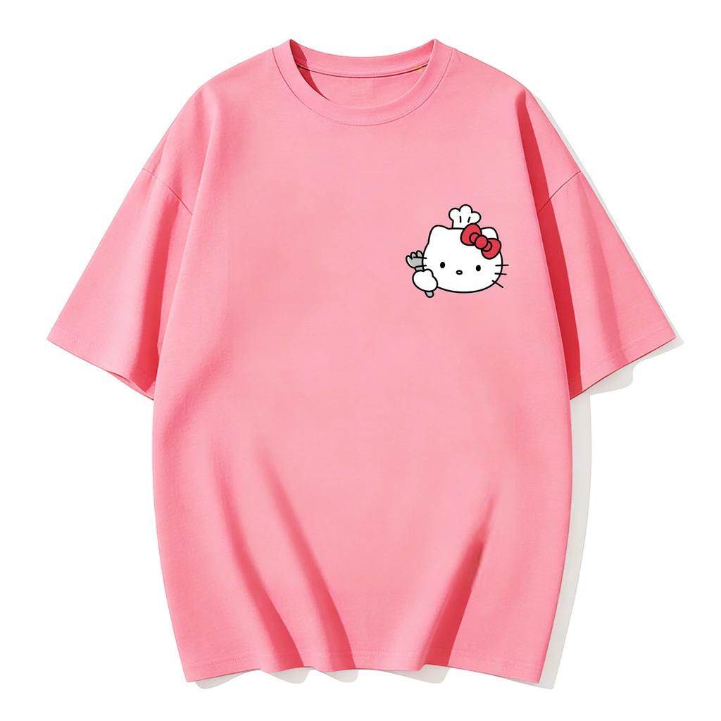 Womens 2026 New Hello Kitty Cartoon Printed Pure Cotton Womens Short Sleeved Tshirt Casual Trend Round Neck Womens Tshirt