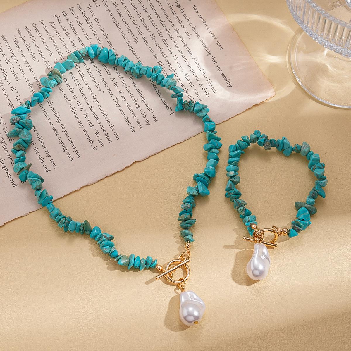 

Two-piece set retro imitation pearl stone beaded OT buckle sweater chain vacation style necklace