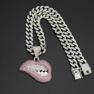Hip Hop Cuban Link Chain Necklace, Crooked Lip Pendant with Rhinestone, Silver Plated Iced Out Choker Jewelry for Men and Women, Trendy Streetwear
