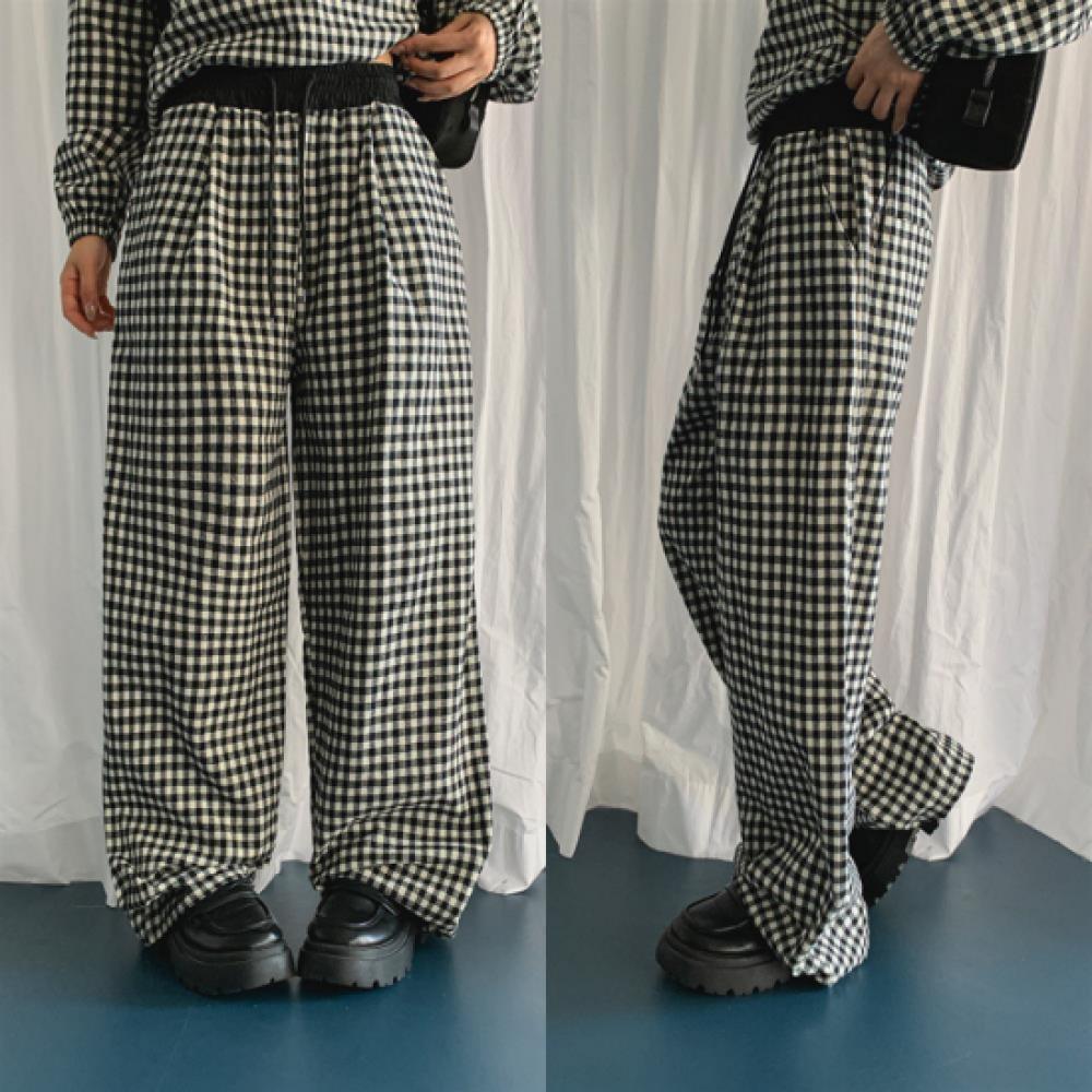 New Arrivals Open Run Women Check Pattern Wide Banding Pants