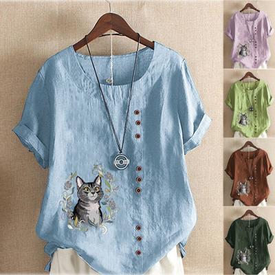 Damen Mode Sommer Rundhals Kurzarm T-Shirt Casual Baumwolle Leinen Grafik Shirt Freizeit Lose Blumen Katze Prined Bluse Tops Plus Size