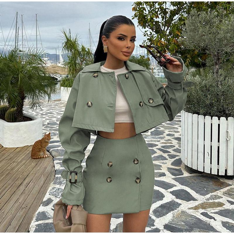 Lapel Trench Short Coat Jacket Wrap Hip Skirt Set Breasted Vintage British Style Women's Workwear Overcoat Short Skirts Sets