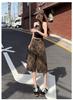 Gedijie leopard print wide leg denim shorts, women's high waisted versatile casual loose straight leg pants