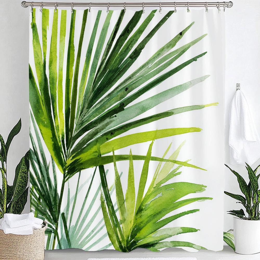 Green Leaves Monstera Plants Printed Shower Curtain Bathroom Curtain,Hanging Curtain With 12 Hooks Decoration Machine Washable
