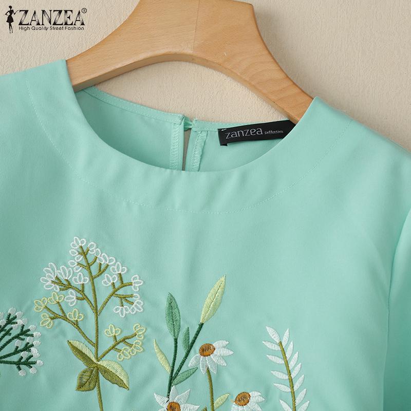 ZANZEA Women Casual Round Neck 3/4 Sleeve Loose Embroidery Blouse