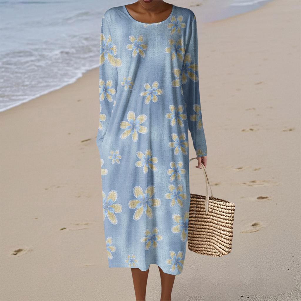 Women's Fashion Casual Long Sleeve Floral Print Round Neck Pocket Elegant Temperament Dress