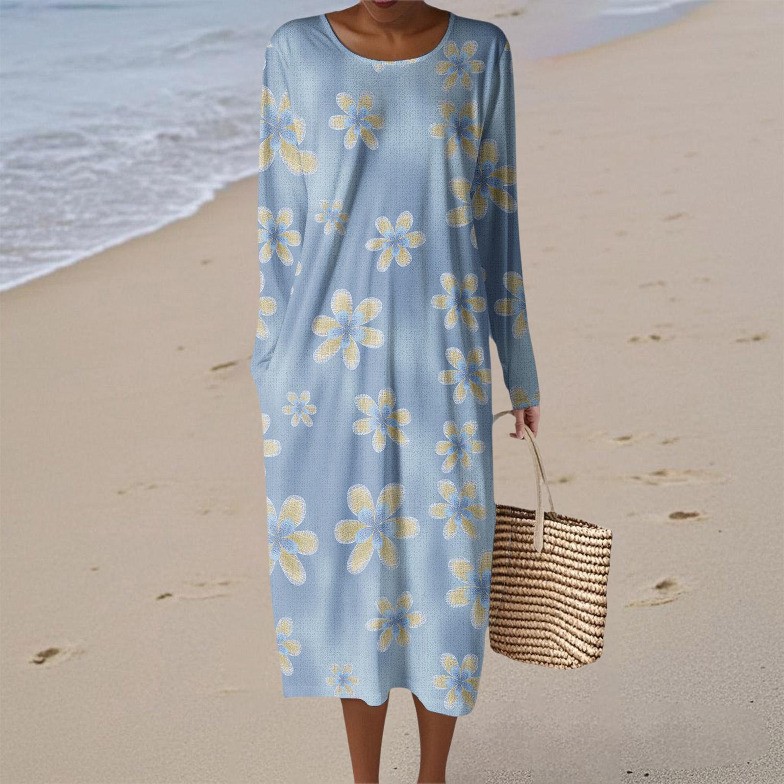 

Women s Fashion Casual Long Sleeve Floral Print Round Neck Pocket Elegant Temperament Dress XXL