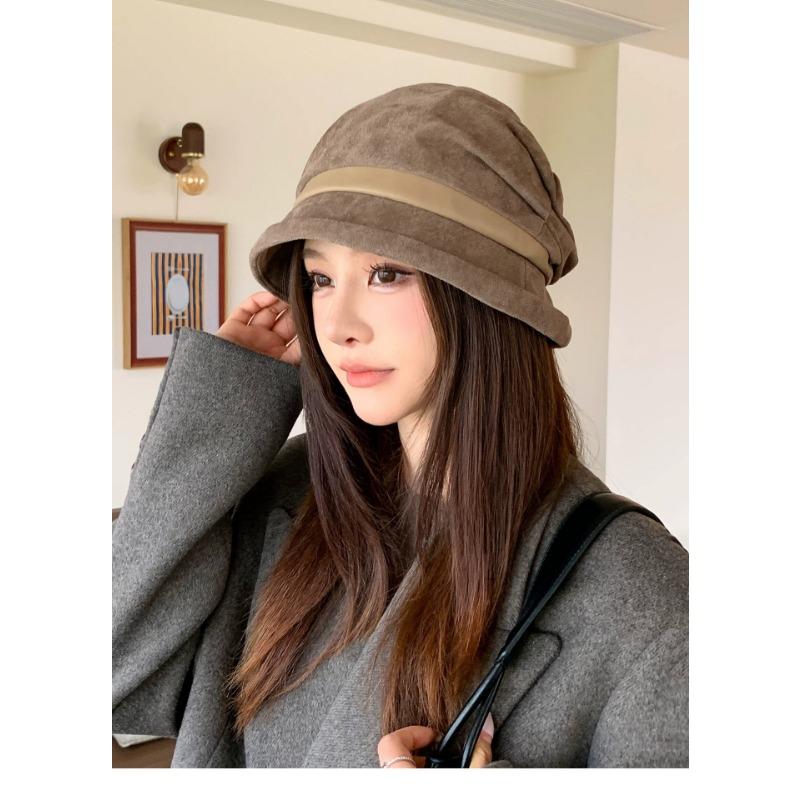 Korean Style Vintage Pleated Wide Brim Fisherman Hat For Women Autumn Fashionable Versatile