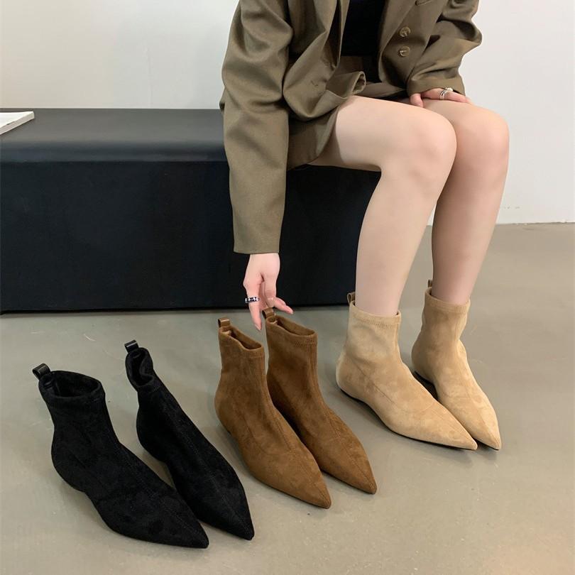 2025 New Flat-bottomed Suede Single Boots Pointed Fashion Boots Simple and Comfortable Short Boots Women's Fashion Versatile Thin Boots