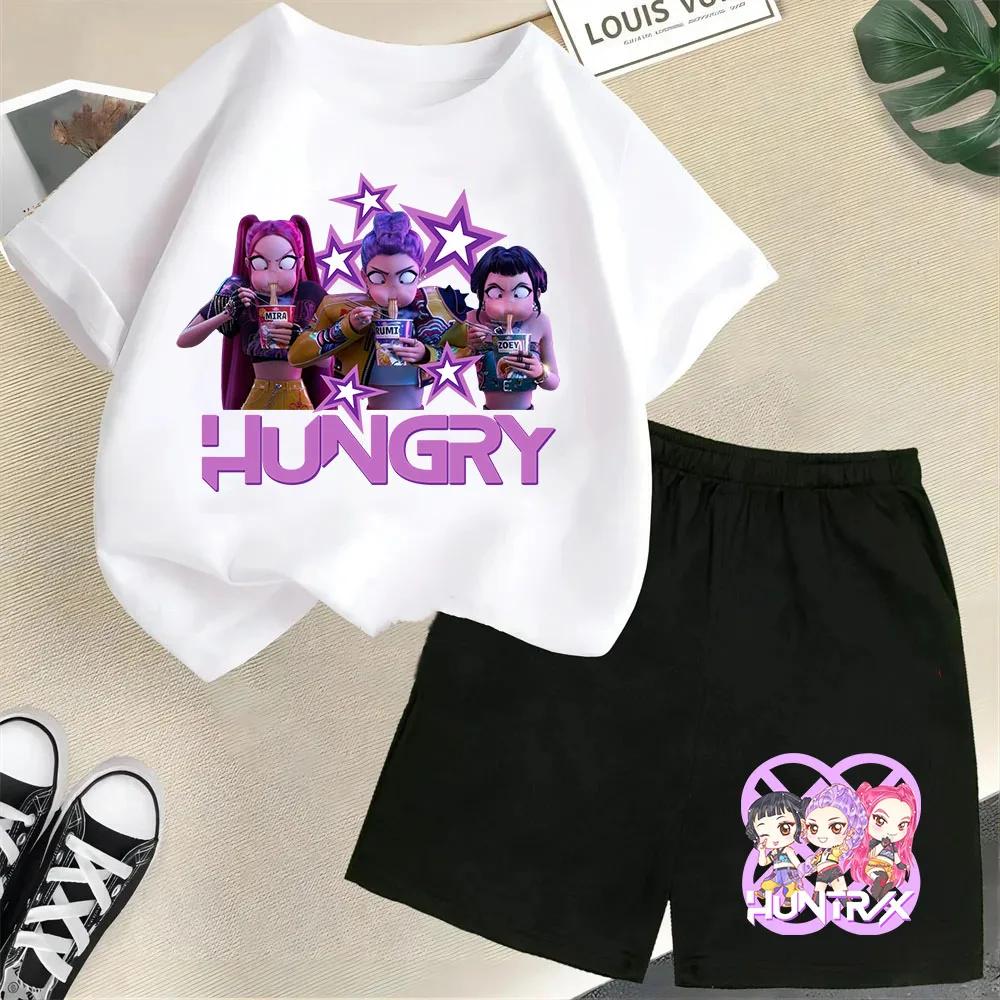 2025 New Children's Korean Wave Demon Hunter Print Fashion Casual Movie Cartoon Boys and Girls Short-sleeved Set