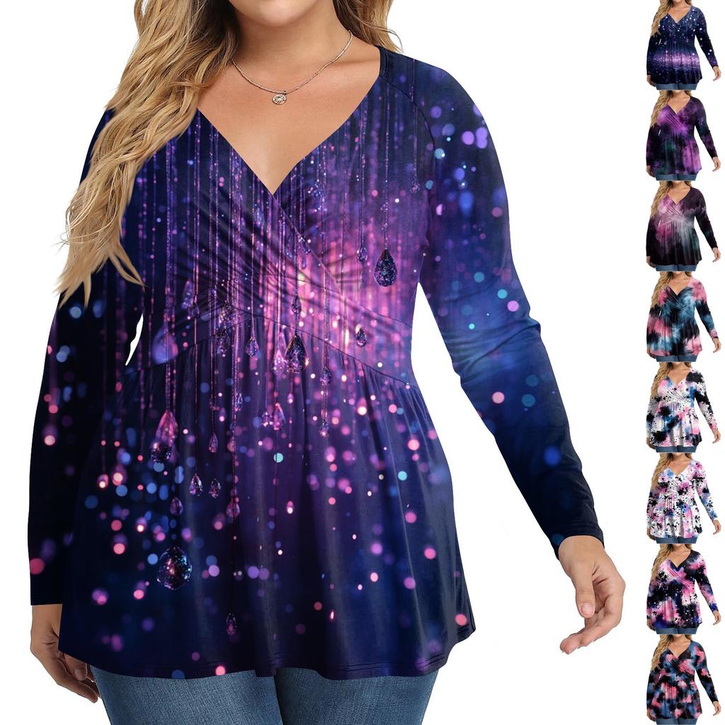 Women's Plus Size Shirt Long Sleeve  Print Top Pleated Casual V-Neck Top
