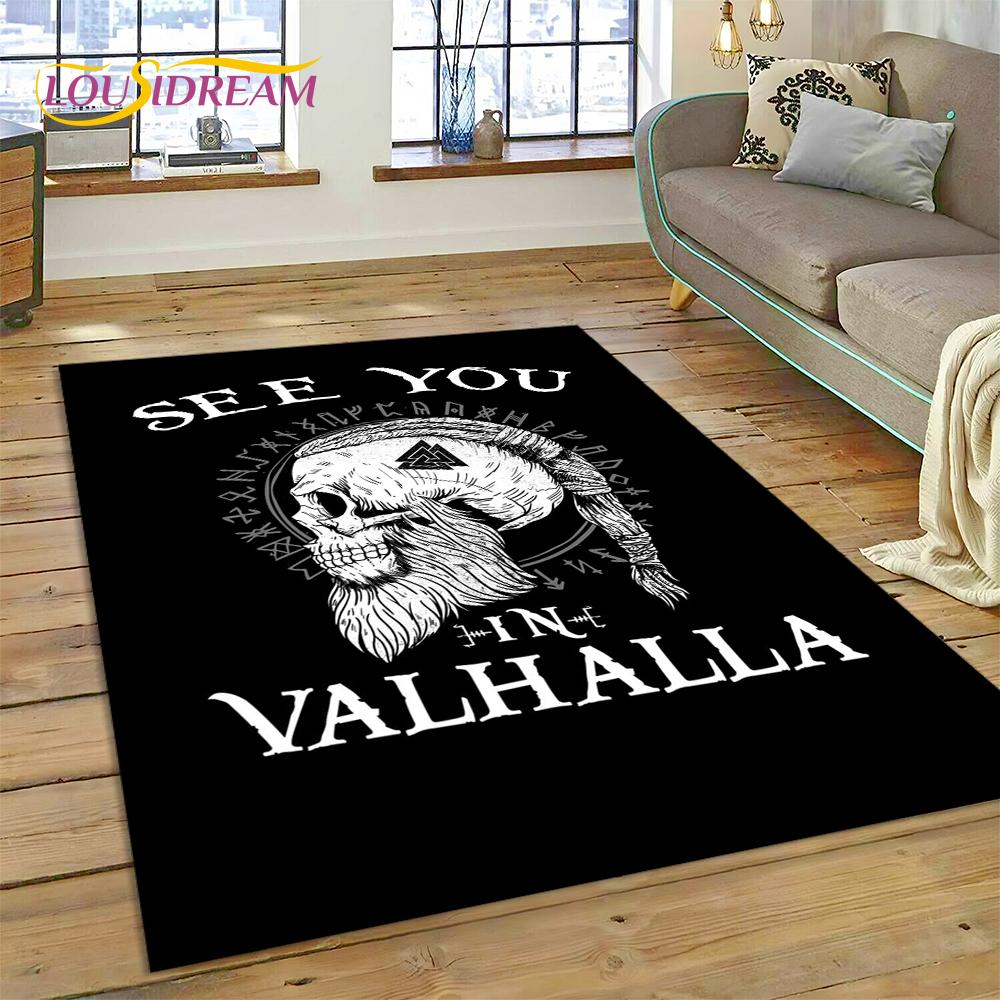 Teppich mit nordischer Mythologie, Valhalla, Wikinger, Odin, Cartoon-Motiv, groß, Teppich für Wohnzimmer, Schlafzimmer, Sofa, Fußmatte, Spielbodenmatte für Kinder