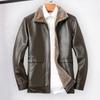 Men Jacket Lapel Long Sleeve Solid Color Faux Leather Jacket with Side Pockets Windproof Plush Lining Biker Outerwear