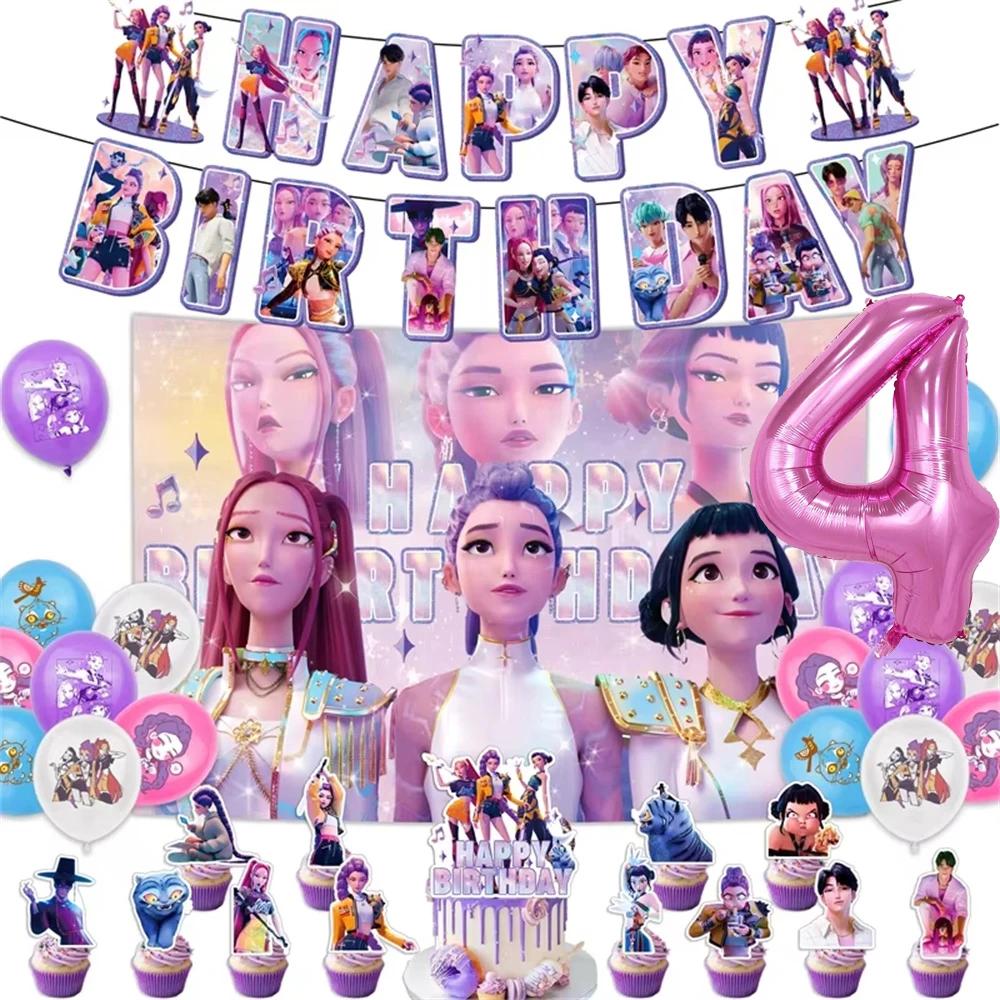 Kpop Demon Birth Date Celebration Decoration Hunter Group Birth Date Celebration Supplies Huntrix Kpop Anime Cake Topper Balloons Hanging Flag