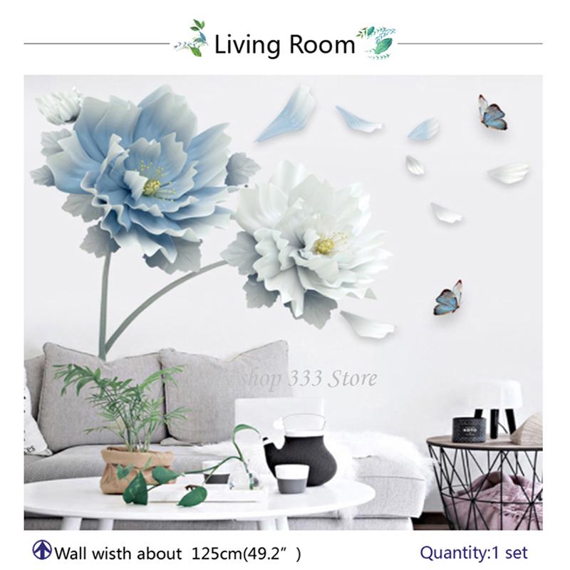 

Велика біло-блакитна квітка лотоса метелик знімні стінні наклейки 3D художні наклейки 1