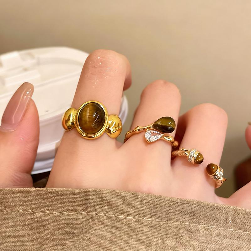 Vintage Tiger Eye Stone Rings for Women Girls Waterdrop Zircon Exquisite Aesthetic Open Ring Fashion Elegent Jewelry Party