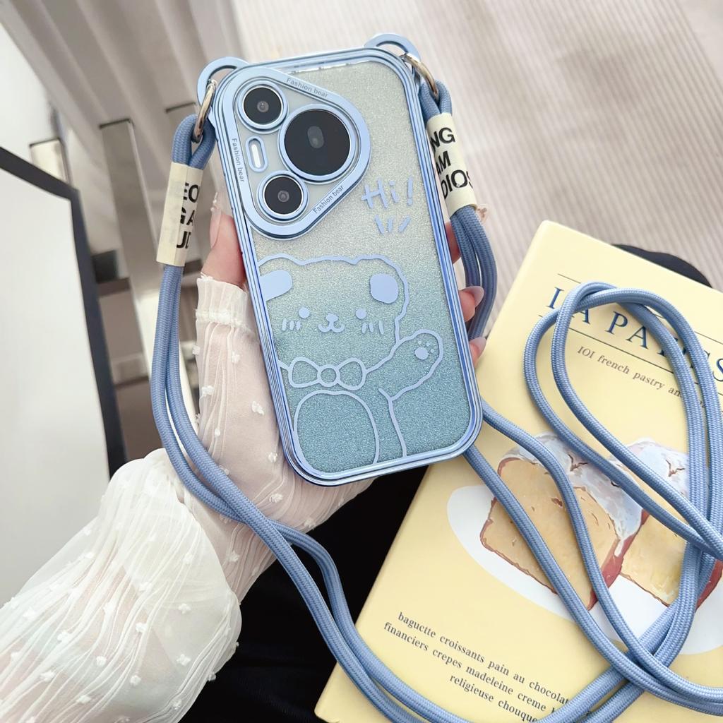 Cute Cartoon Bear Oblique Span Lanyard Suitable for Huawei Pura70pro Electroplated Mobile Phone Case Mate60 Three-dimensional Women