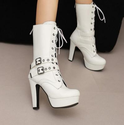 Women Punk Style Lace-Up Ankle Boots Belt Buckle Platform High Heels Short Boot Female White Autumn Winter Round Toe Shoes