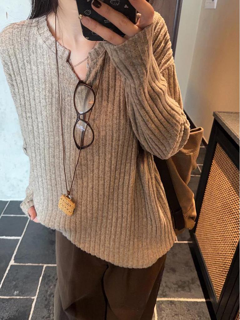 Women's Long-Sleeve Textured Brushed T-Shirt, New Spring/Autumn Korean Style, Loose Fit Versatile Base Layer Top