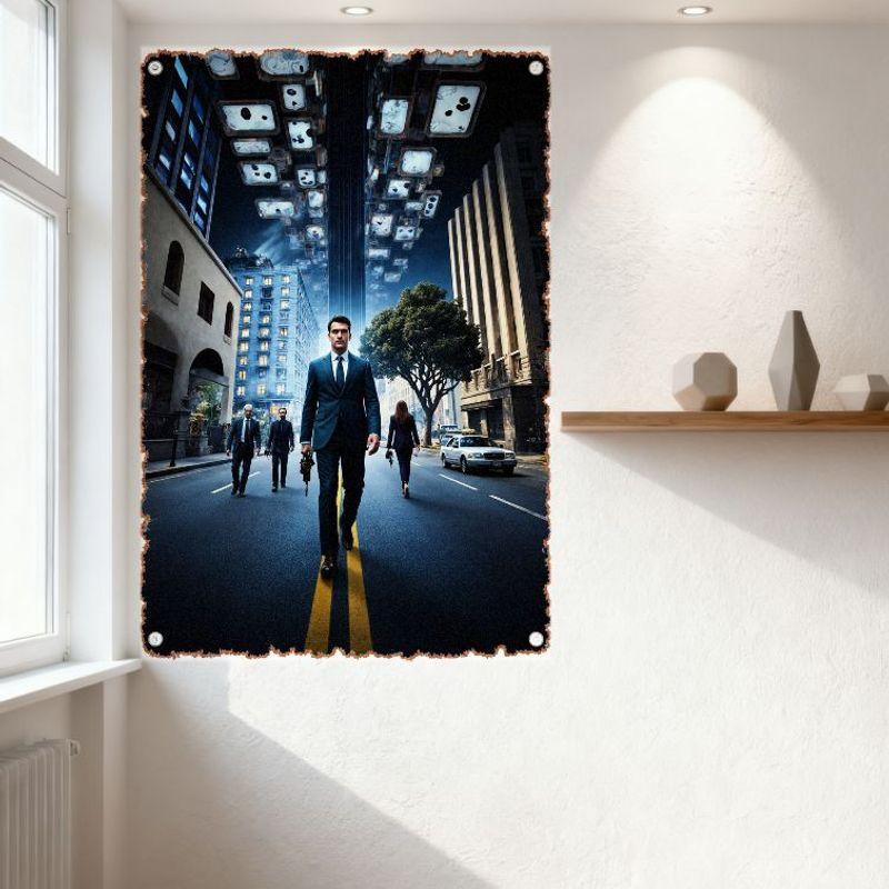 Surreal Urban Business Men with Gun Tin Sign - Vintage Dystopian Office Street Scene Metal Plaque for Home Bar Cafe Decor