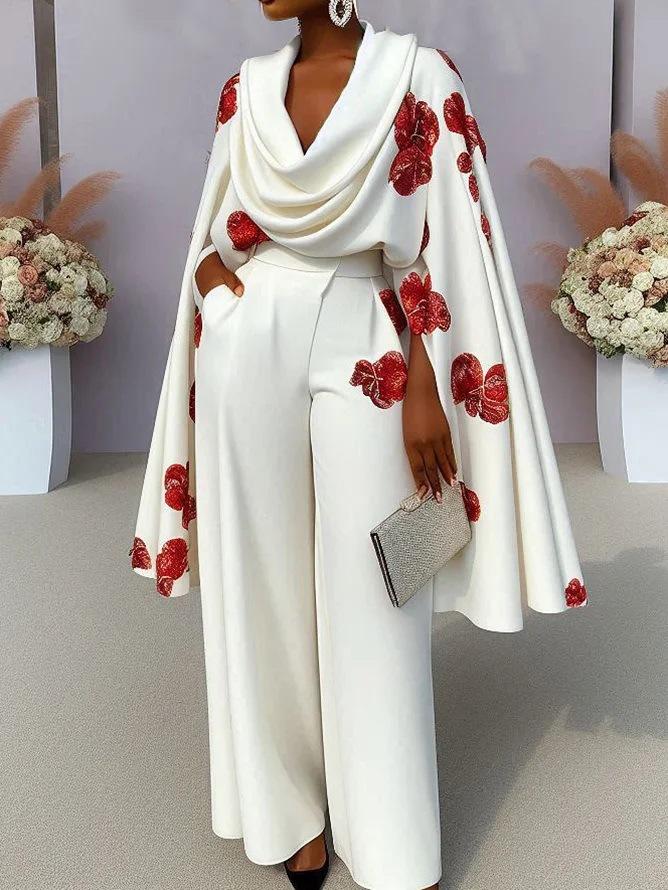 

Женский белый комбинезон с цветочным принтом, рукавами-кейпами на плечах, элегантный цельный ромпер XXL белый