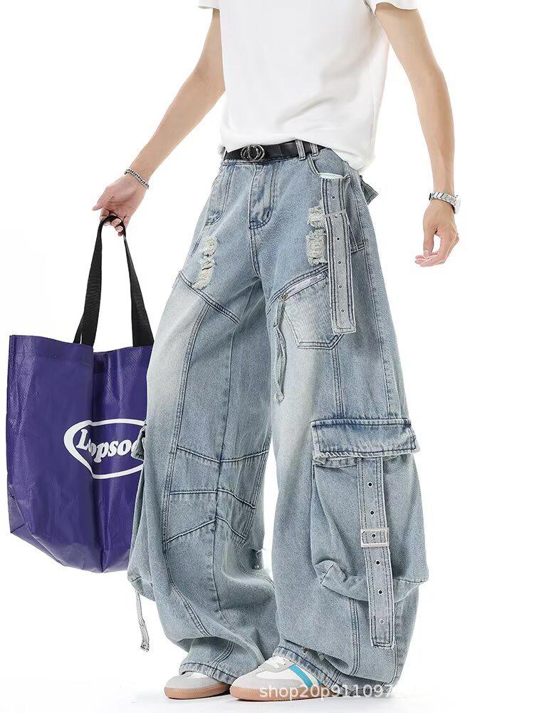 Unisex Deconstructed Ribbon Cargo Denim Jeans - Trendy Autumn Ripped Wide-Leg Multi-Pocket Style for High Street