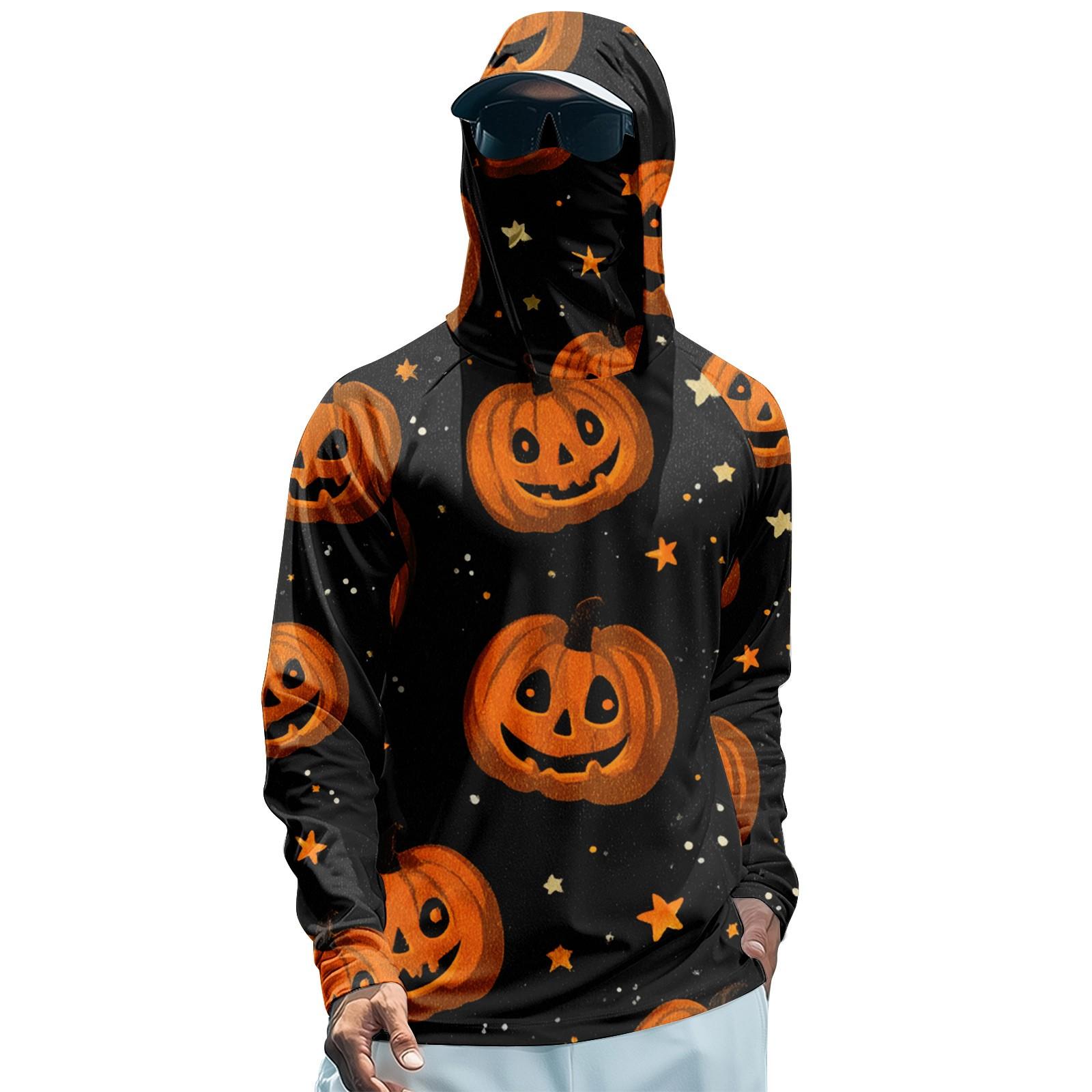 

Мужская худи реглан для рыбалки с принтами на Хэллоуин - UPF 50+ УФ защита, длинный рукав, солнцезащитная рубашка с сетчатым козырьком L