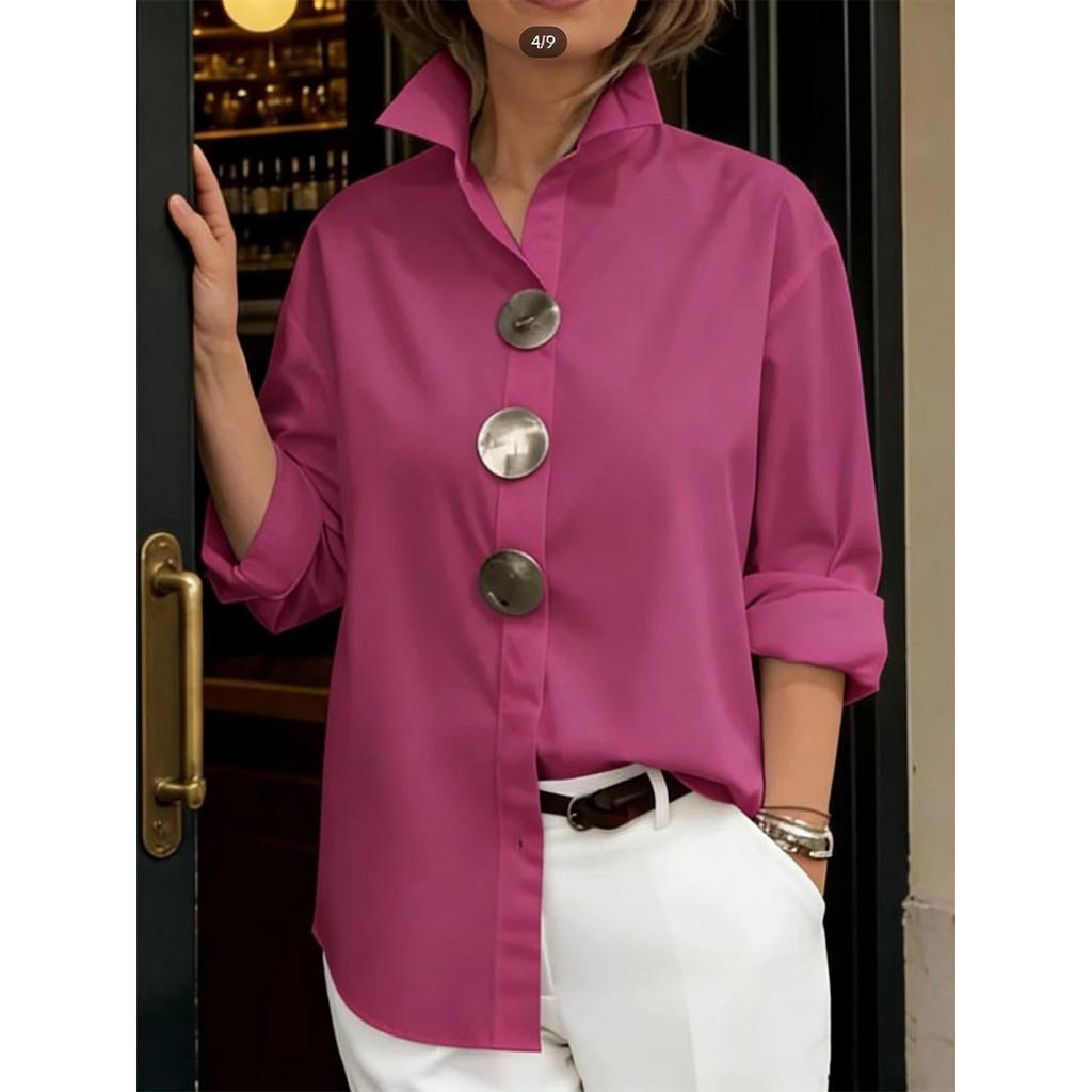 Spring and summer new solid color stand-up collar metal button long-sleeve shirt top for women