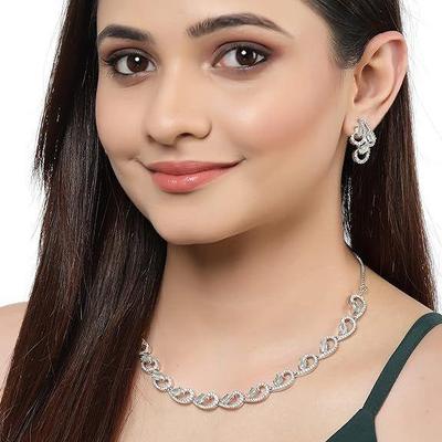 Rhodium-Plated with Silver-Toned White Cubic Zirconia & American Diamond Studded Necklace and Drop Earrings Jewellery Set for Women