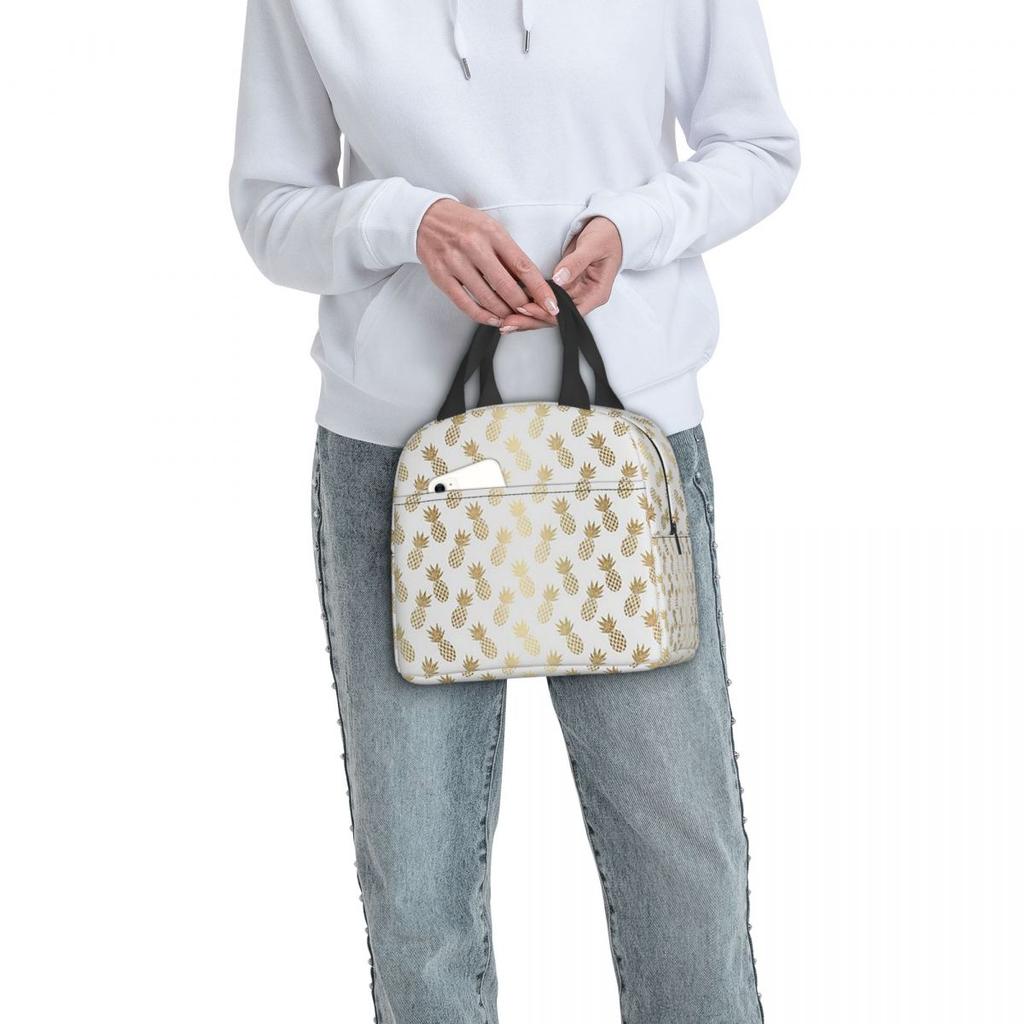 Gold Pineapple Pattern Insulated Lunch Bag for Women Children Portable Food Boxes Thermal Lunch Box Tote