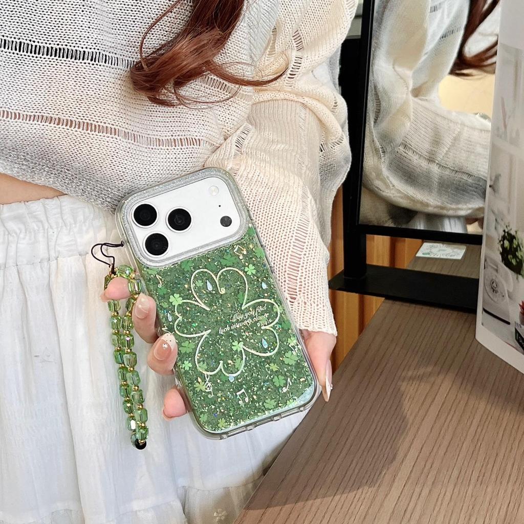 Fresh Glitter Four-Leaf Clover Case for iPhone 17PROMAX and iPhone 16 with Round Edge for 15/14P
