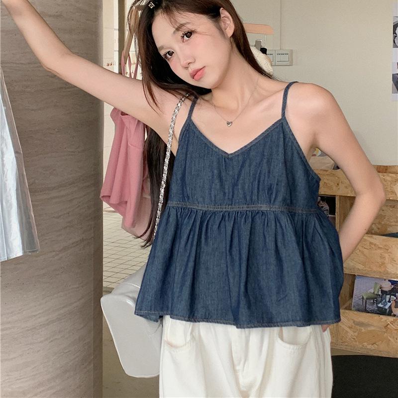 Džínová vesta s plisé v korejském stylu: Dámský top bez rukávů s volánky a vrstvením a tílko s výstřihem do V