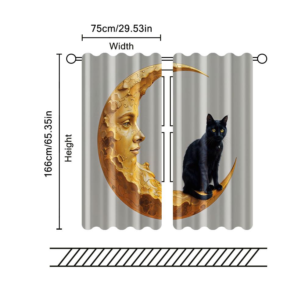 2 Pcs   Filtering Curtains (excluding Rods   Non-movable   Without Batteries) Black Cat On Moon for Use In Bedrooms and Living