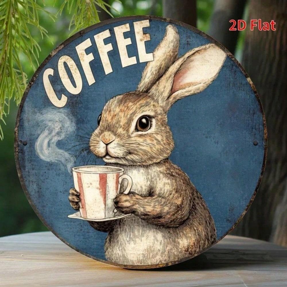Vintage Kaninchen Kaffee Metallblechschild, 8x8 Zoll Rundes Wanddekor für Bar Café, Haustier Tier Kunstdruck