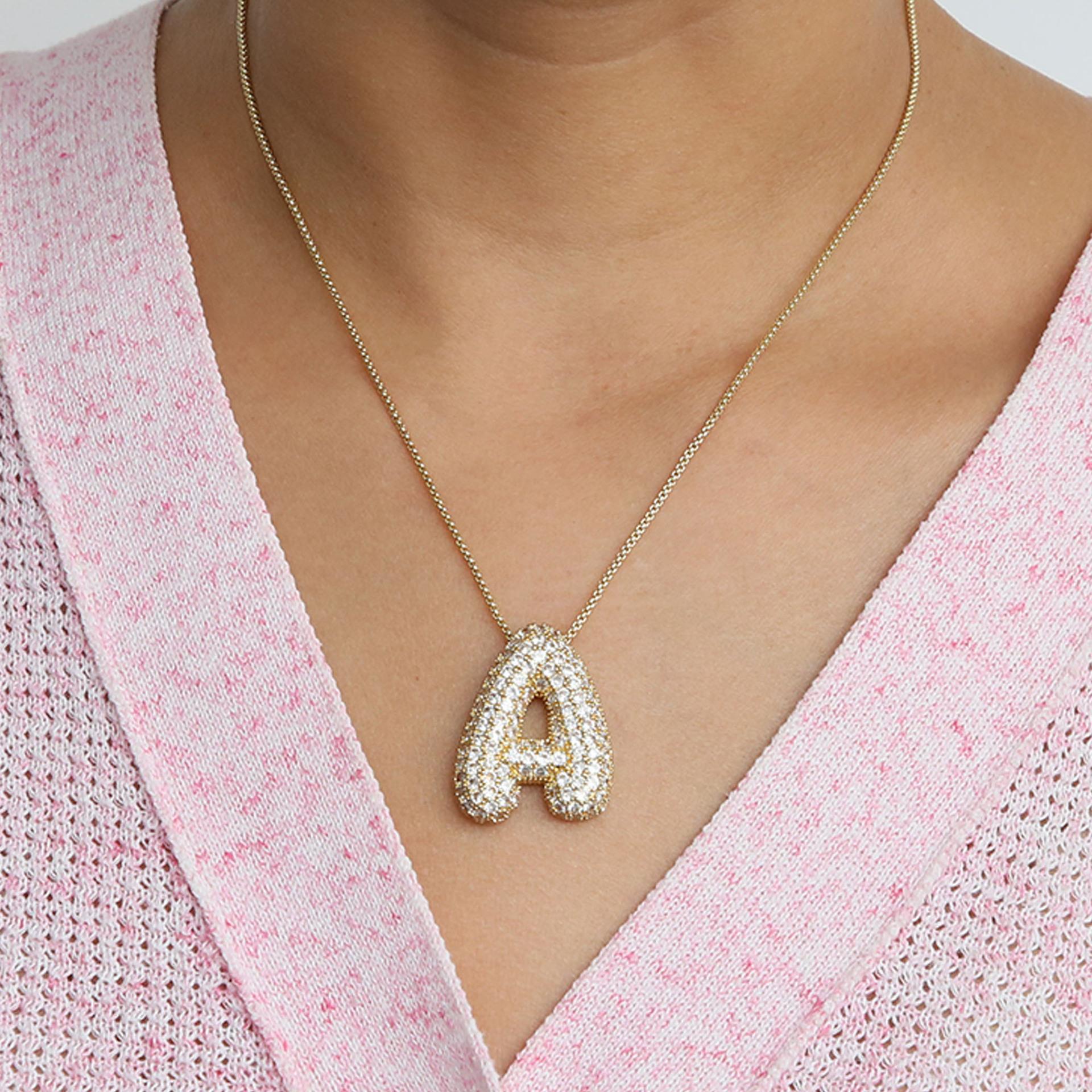 Hot Sell Brass Zirconia 26 Alphabet Initial Women Pendant Necklace Bubble Letter Necklace 18inches&Letter