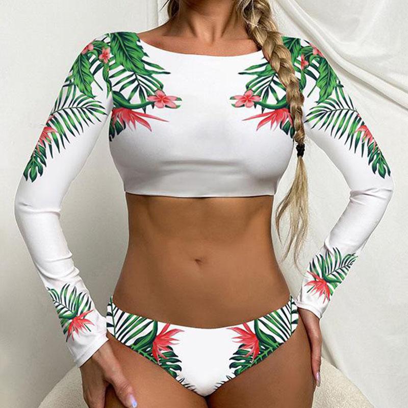 

Сексуальный женский комплект бикини с длинным рукавом и цветочным принтом, купальник с пуш-ап, пляжная одежда L