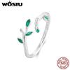WOSTU Real 925 Sterling Silver Green Leaf Opening Ring For Women Unique Party Cocktail Rings Spring Stackable Jewelry Gift Fine