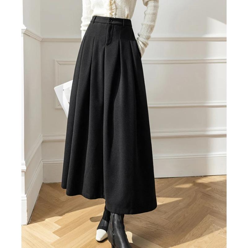 Elegant Women Faux Woolen Skirts for Office Ladies Pockets Casual Loose A-Line High Waist Midi Skirt Autumn Winter