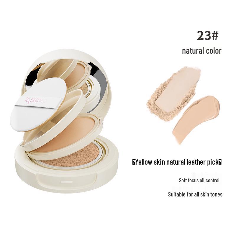 Cushion Foundation Powder: Two-in-One Bare Finish, Long-Lasting, Oil-Control, No-Cake, Natural Creamy Feel for Girly Skin.