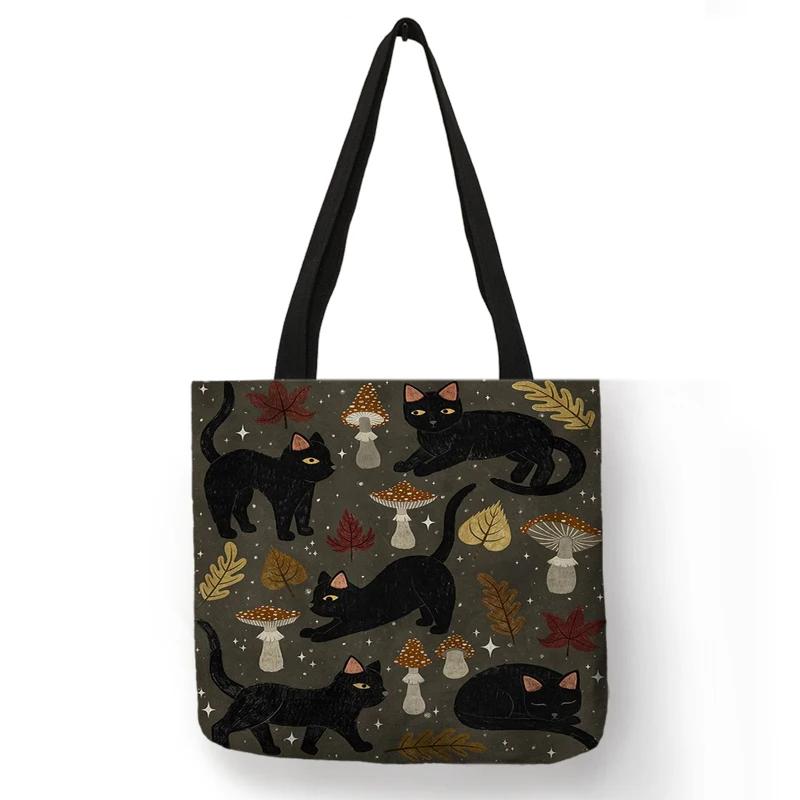 Cute Cartoon Floral Cat Print Women Shopping Bag Linen Fabric Shoulder Bag Eco Storage Handbag Reusable Foldable Grocery Totes