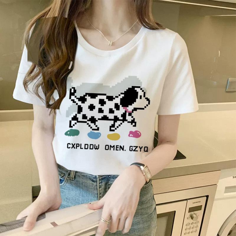Front Shoulder Pure Cotton Printed T-shirt Women's Top Black Short-sleeved Summer New Loose Base Shirt