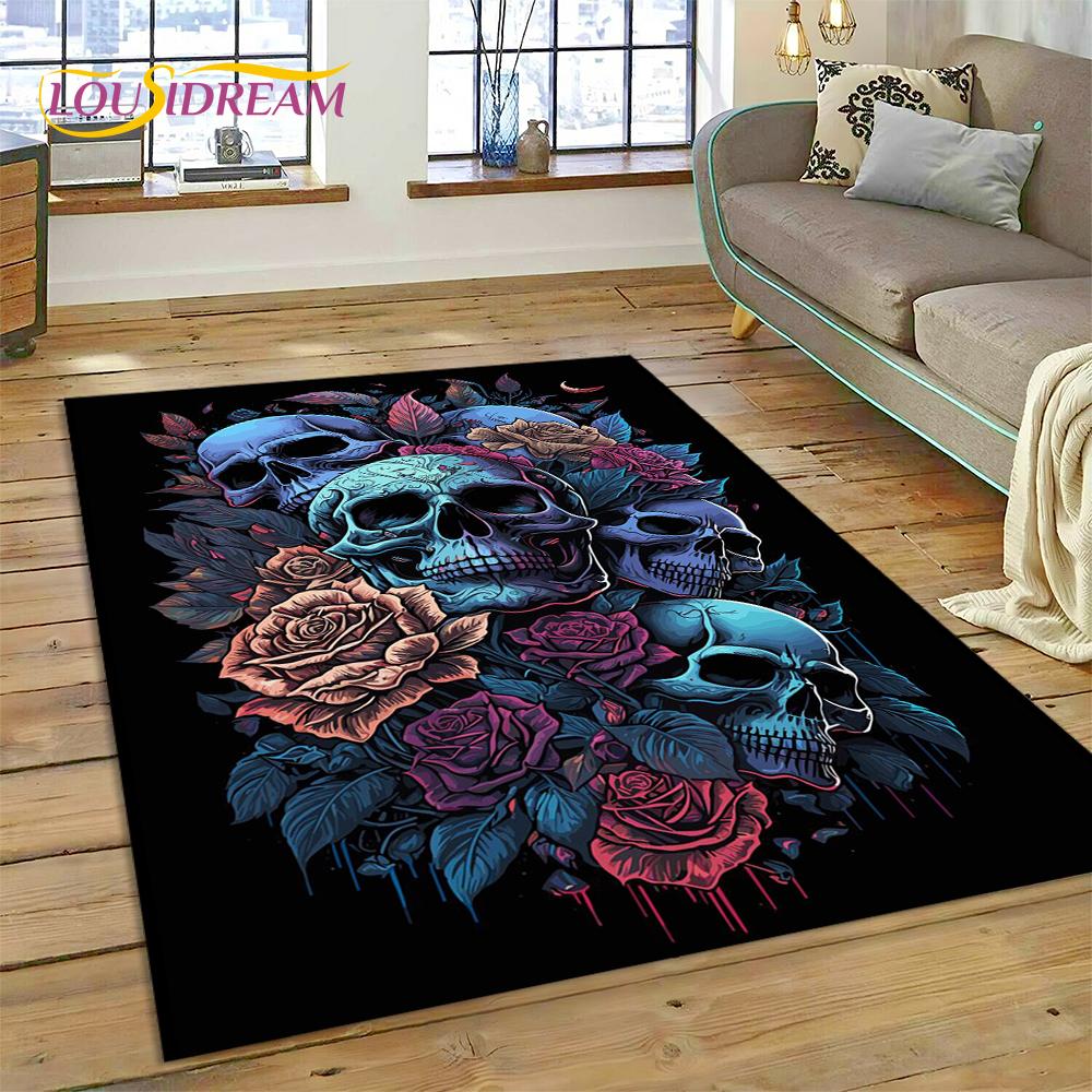 Cartoon Horrible Gothic Skull Flowers Carpet Rug for Home Living Room Bedroom Sofa Doormat Decor,Kid Area Rug Non-slip Floor Mat
