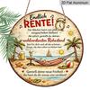 2D Flat, 1pc Round Aluminum Hanging Sign - "Finally Retired" German Retirement Beach Scene Metal Wall Art, Vintage Distressed Tropical Hammock & Palm